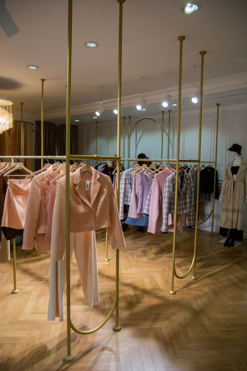 An elegant clothing store with garments hanging on brass rails